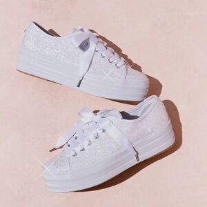 White Glitter Platform Sneakers - Women's Athletic Fashion Shoe
